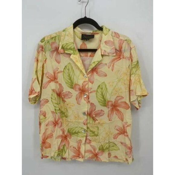 Kaua'iana Top Aloha Hawaiian Shirt Yellow Floral - Picture 1 of 10